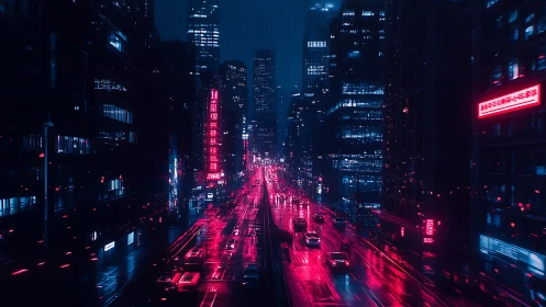 Neon rain streaks across cyberpunk city artery at night.