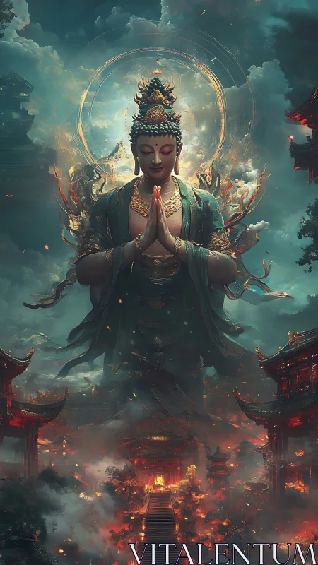 Serene celestial deity rises above a glowing temple city