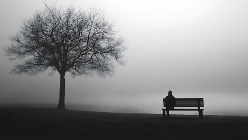 Solitary figure on bench in misty monochrome landscape study.