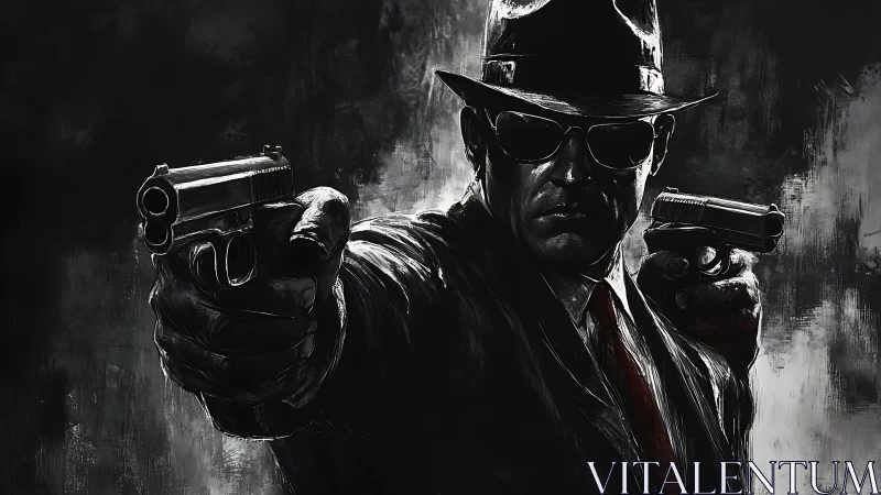 Noir gunman in fedora with dual pistols, high-contrast chiaroscuro.