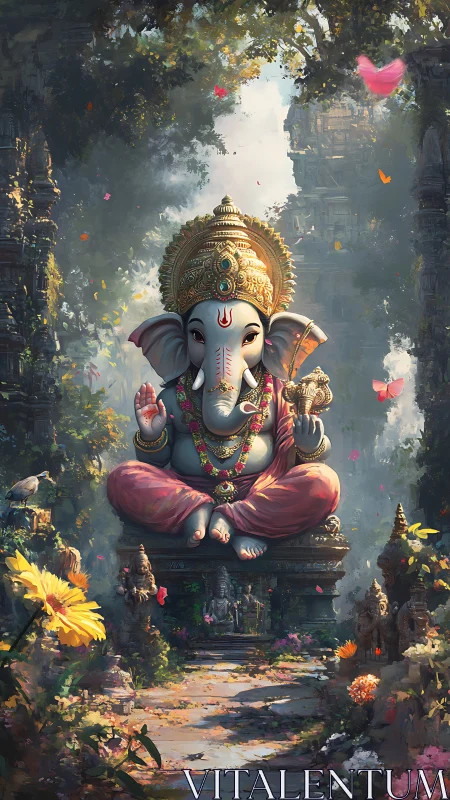 Gentle elephant deity levitates above a flower bright path.