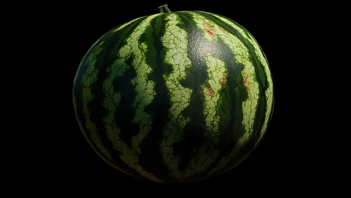 Whole striped watermelon on black background, front view.