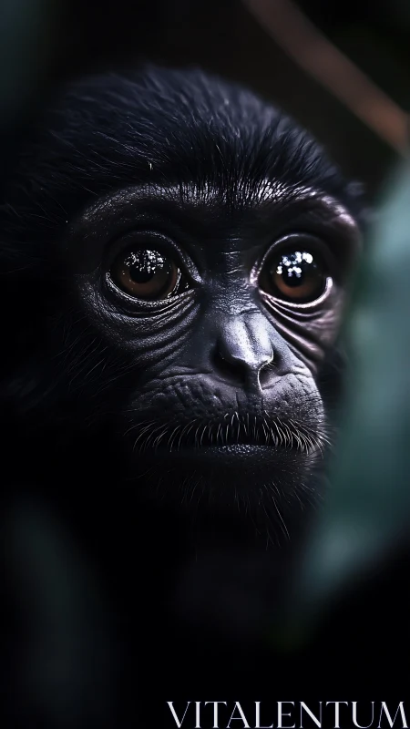 Close-up portrait of young primate in low light setting.