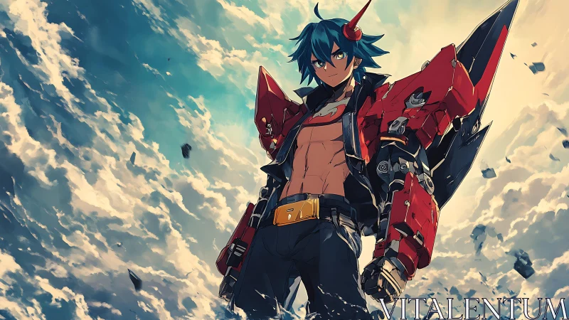 Mecha-armed anime warrior stands against dynamic cloudscape sky