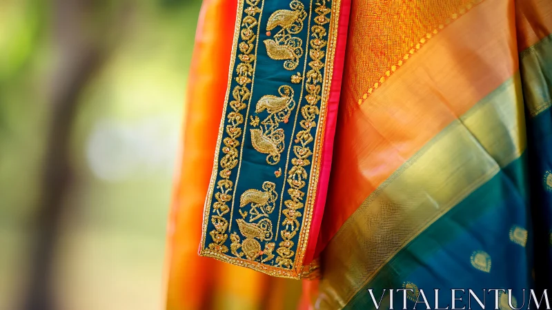 Traditional Indian Silk Sari with Gold Embroidered Border.