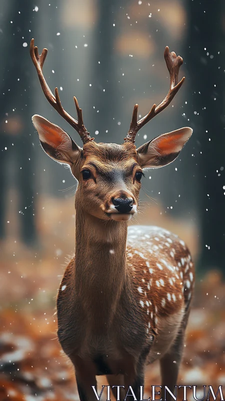 Young stag in soft snowfall amid blurred autumn forest.