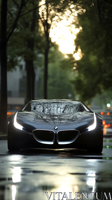 Low-slung BMW concept coupe with LED DRL signature at dusk