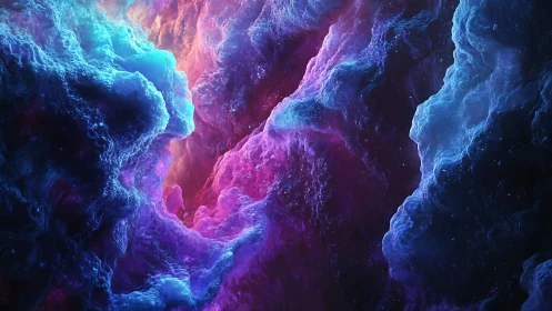 Nebula cloud canyon glows with neon cyan and magenta light.