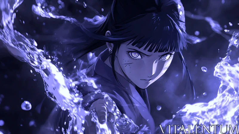 Intense anime warrior girl controls swirling blue water.