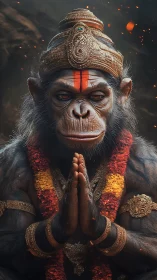 Regal monkey deity in ornate crown holds hands in prayer.