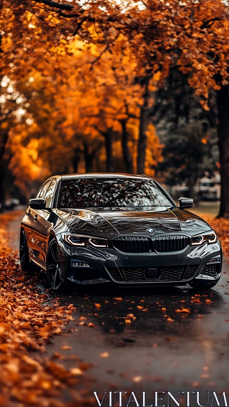 Black BMW sedan reflects autumn trees on wet leaf road