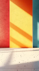 Triadic stucco wall with angled hard light and terrazzo floor