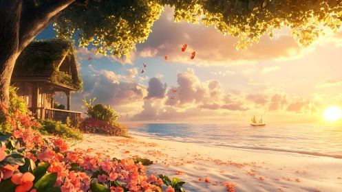 Beachside Villa Sunset with Floating Petals.