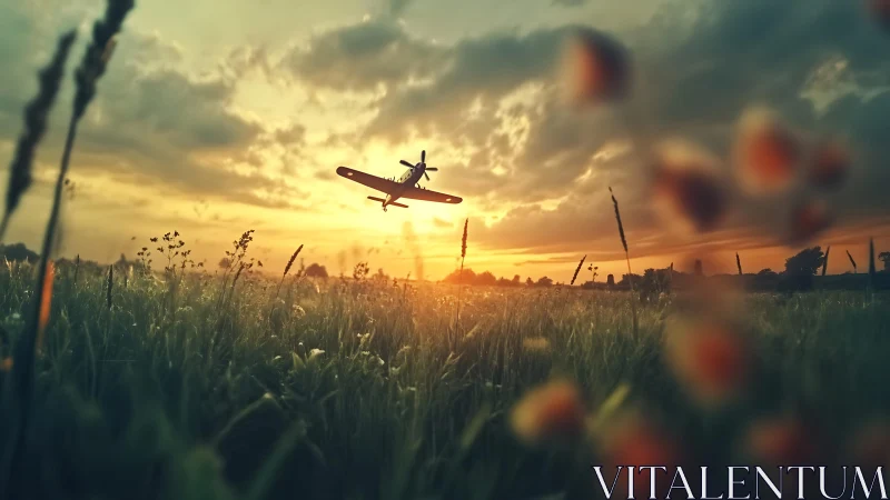 Sunset fields welcome a small plane gliding toward home.