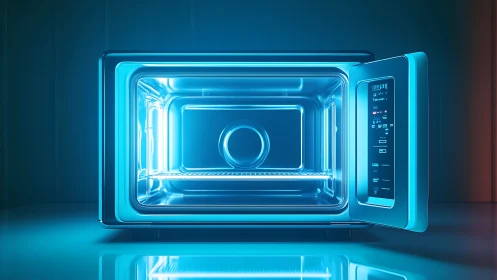 Futuristic blue smart oven glows with clean modern light
