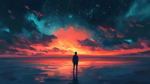 Silhouette observer under chromatic sunset and starfield horizon.