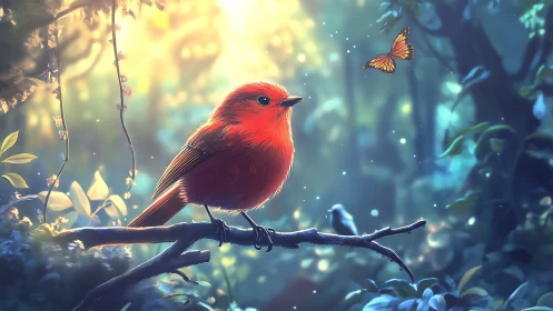 Vibrant red bird and butterfly in dreamy forest digital painting.