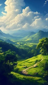 Sunlit mountain valley unfolds beneath towering summer clouds