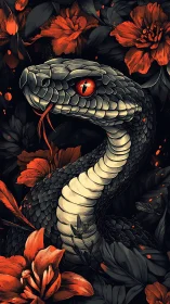 Striking serpent poised among bold crimson jungle blooms.