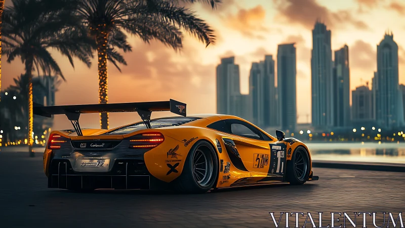 Orange racing car on waterfront boulevard at dusk.