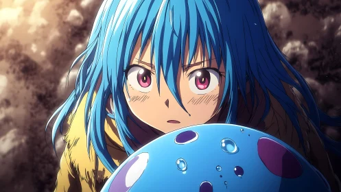Determined anime hero protects a glowing blue slime companion