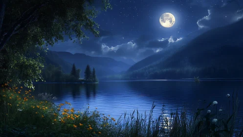 Moonlit lake with mountains, trees, and shoreline flowers.