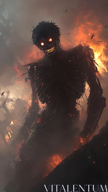 Burning skeletal titan emerging from apocalyptic inferno.