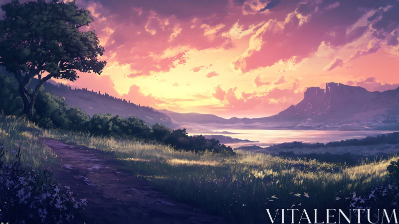 Digital landscape shows lakeside valley under diffuse sunset light