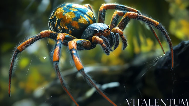 Vibrant orange and blue spider poised on delicate forest web.