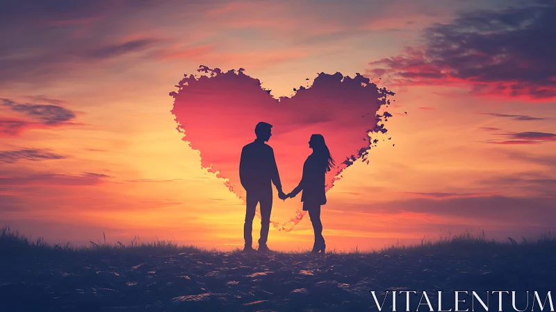 Silhouetted couple holding hands against heart-shaped sunset cloud formation