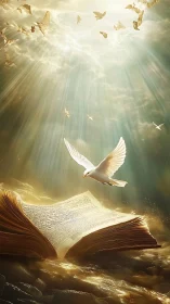 Luminous white dove soaring above radiant open scripture.