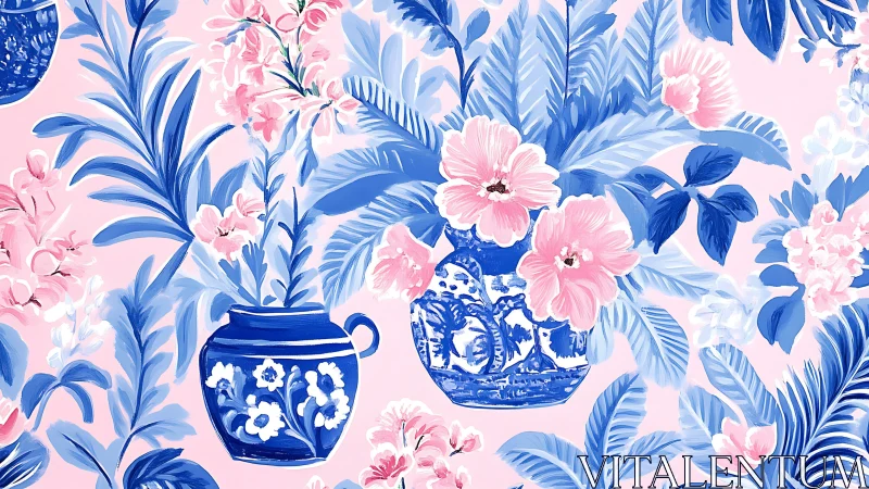 Chinoiserie floral vases in blue and pink digital pattern