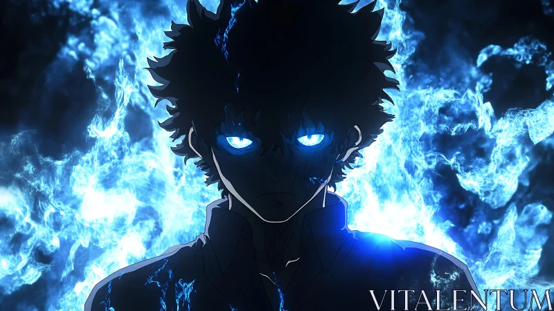 Silhouetted character stands before blue flame background