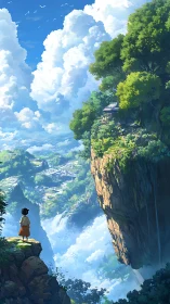 Child overlooking vast valley and temple on cliff edge.