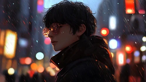 Young person in rain-soaked city street under neon lighting