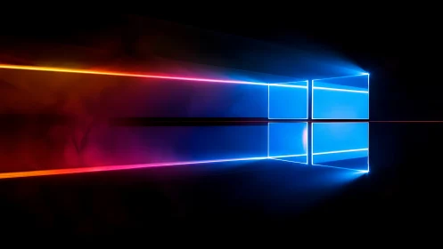 Neon window grid with mirrored glow on black void background.