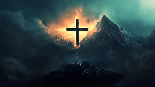 Luminous cross hovering over stormy alpine peaks at dusk.