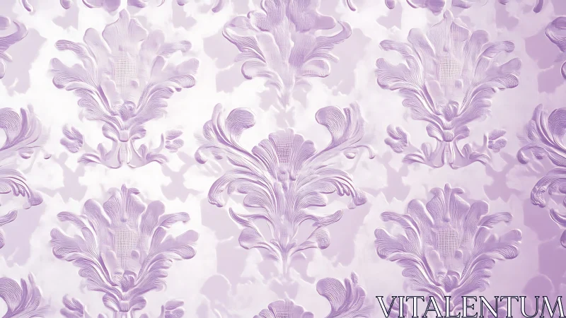 Lilac damask pattern with raised ornamental leaf motifs.