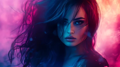 Neon-lit woman’s portrait glows with moody cyber allure