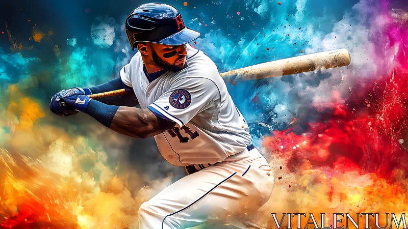 Kinetic baseball batter amid explosive chromatic vapor fields.