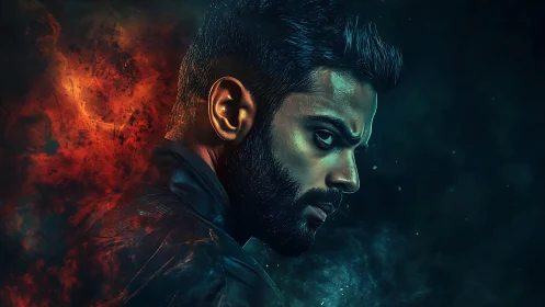 Bearded man in profile glares amid fiery and smoky colors