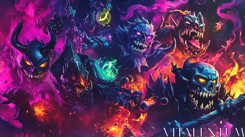 Infernal neon demons swirling in chaotic cosmic flames.