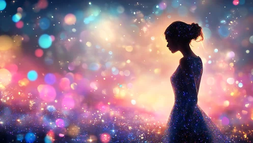 Silhouetted woman in glittering dress amid soft bokeh lights.
