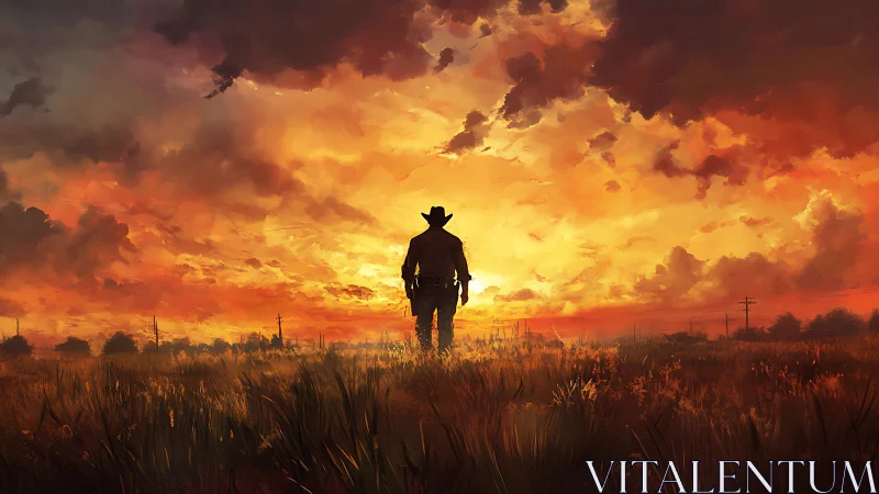 Cowboy silhouette in open field under expansive sunset sky.