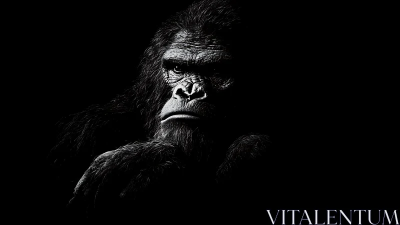 Midnight gorilla studies the dark with carved stone calm