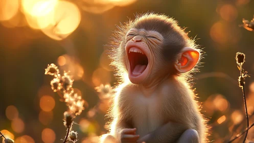 Sunlit baby monkey howls joyfully into a glowing bokeh forest