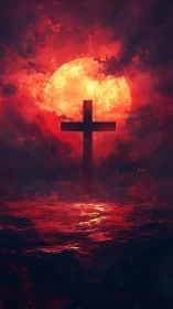 Cross silhouette before red sun over reflective water.