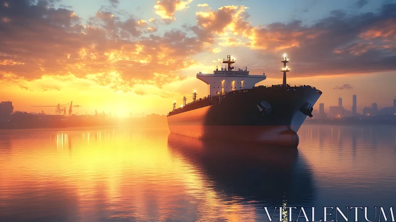 Cargo tanker glides through a radiant industrial sunrise