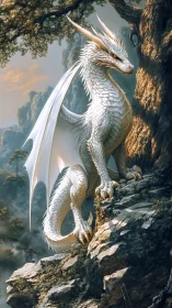 Majestic white dragon surveys a misty mountain valley.