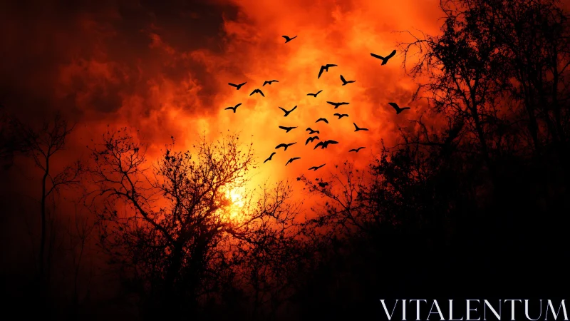 Bird silhouettes crossing a blazing crimson sunset sky.